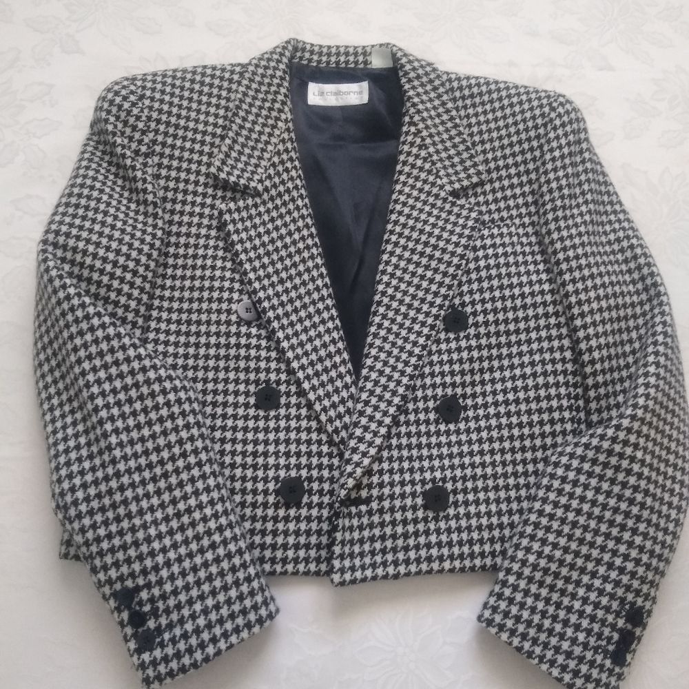 Cropped Double Breasted Jacket Wool Blend Gingham… - image 2